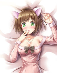 Rule 34 | 1girl, animal ears, arm up, bare shoulders, bed sheet, black ribbon, blush, breasts, brown hair, cat ears, cleavage, collarbone, dress, eyes visible through hair, fang, green eyes, hand to own mouth, highres, idolmaster, idolmaster cinderella girls, jewelry, kyamu (qqea92z9n), looking at viewer, lying, maekawa miku, medium breasts, on back, open mouth, pendant, pink dress, ribbed dress, ribbon, short hair, solo, upper body