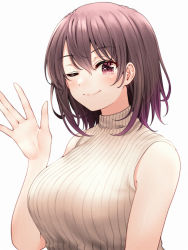 Rule 34 | 1girl, blush, breasts, brown hair, closed mouth, commentary request, gradient hair, hair between eyes, highres, large breasts, looking at viewer, multicolored hair, one eye closed, purple eyes, purple hair, red hayao, short hair, simple background, sleeveless, sleeveless turtleneck, smile, solo, turtleneck, upper body, waving, white background, yahari ore no seishun lovecome wa machigatteiru., yukinoshita haruno