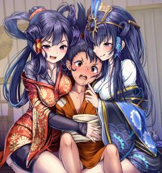 Rule 34 | 1boy, 2girls, :d, :o, :p, age difference, aged up, bike shorts, black hair, blue eyes, blue hair, blush, breast press, breasts, cleavage, floral print, girl sandwich, hair ornament, half-closed eyes, hand on another&#039;s stomach, highres, japanese clothes, kimono, licking lips, long sleeves, looking at viewer, medium breasts, monikano, multiple girls, nervous, off shoulder, open mouth, ponytail, purple eyes, purple hair, sakuna-hime, sandwiched, smile, sweatdrop, tensui no sakuna-hime, tongue, tongue out, wide sleeves