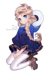 Rule 34 | 1girl, alternate costume, ankle boots, bad id, bad twitter id, blonde hair, blue eyes, blush, boots, braid, brown footwear, elsa (frozen), frozen (disney), full body, hair over shoulder, long hair, looking at viewer, pants, seoji, simple background, single braid, smile, solo, tareme, white background