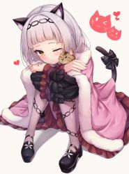Rule 34 | 1girl, absurdres, animal ear fluff, animal ears, arata (xin), blunt bangs, blush, cat, cat ears, cat girl, cat tail, closed mouth, hair bun, hair ornament, highres, hololive, knees together feet apart, knees up, legs together, long hair, long sleeves, looking at viewer, murasaki shion, murasaki shion (gothic lolita), one eye closed, ribbon, sidelocks, silver hair, simple background, single hair bun, sitting, skirt, smile, solo, tail, tail ornament, tail ribbon, virtual youtuber, white background, yellow eyes