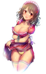 Rule 34 | 10s, 1girl, areola slip, blush, bow, bow panties, breasts, brown hair, cleavage, clothes lift, cowboy shot, dress, dress lift, hair ornament, hairclip, idolmaster, idolmaster cinderella girls, kara (color), large breasts, looking at viewer, maid, maid headdress, namiki meiko, open mouth, orange eyes, panties, pink dress, skirt, skirt lift, solo, thighhighs, underwear, upskirt, white background, white thighhighs, wrist cuffs, yellow panties