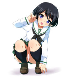 Rule 34 | 10s, 1girl, black eyes, black hair, black neckerchief, black socks, blouse, brown footwear, cameltoe, crotch seam, full body, girls und panzer, green skirt, highres, kneehighs, leaning to the side, loafers, long sleeves, looking at viewer, miniskirt, neckerchief, ooarai school uniform, open mouth, ouhashi, panties, pantyshot, pleated skirt, school uniform, serafuku, shirt, shoes, short hair, simple background, skirt, smile, socks, solo, squatting, sweat, underwear, utsugi yuuki, white background, white panties, white shirt