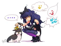 Rule 34 | ..., 1girl, black hair, blake belladonna, breasts, crown, dog, female focus, ruby rose, rwby, smile, solo, weiss schnee, white background, wink, yang xiao long, zwei (rwby)