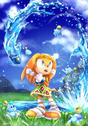 Rule 34 | 1girl, bandages, blue eyes, blue sky, chao (sonic), chaos (sonic), cloud, furry, furry female, gloves, grass, highres, looking afar, monster, open mouth, own hands together, skirt, sky, sonic (series), sonic adventure, sonic the hedgehog, standing, sun, tikal the echidna, tondamanuke, water, white gloves