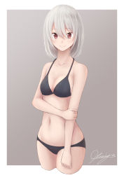 Rule 34 | 1girl, absurdres, bikini, black bikini, blush, breasts, cleavage, closed mouth, collarbone, cowboy shot, cropped legs, grey background, hair between eyes, hand on own arm, highres, lips, looking at viewer, medium breasts, navel, ochiai miyabi, original, red eyes, short hair, signature, silver hair, simple background, smile, solo, standing, stomach, swimsuit