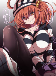 Rule 34 | 1girl, alternate costume, black background, black pantyhose, breasts, eyes in shadow, fate/grand order, fate (series), fujimaru ritsuka (female), fujitaka nasu, gradient background, grin, hair between eyes, hair ornament, hair scrunchie, highres, large breasts, long hair, long sleeves, looking at viewer, one side up, open mouth, orange hair, pantyhose, prison clothes, prisoner, scrunchie, shaded face, smile, solo, striped, white background, yellow eyes, yellow scrunchie