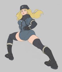 Rule 34 | 1girl, black gloves, black thighhighs, blonde hair, blue eyes, boots, breasts, buttons, capcom, coat, eyebrows, eyelashes, full body, fur hat, fur trim, gloves, grey background, hat, highres, imdsound, kolin, lips, long hair, looking away, parted lips, simple background, solo, street fighter, street fighter v, stretching, teeth, thick lips, thighhighs, thighs, ushanka, wavy hair, winter clothes, winter coat, zettai ryouiki