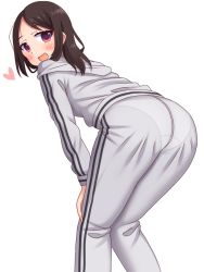 Rule 34 | 1girl, ass, bent over, black hair, blush, from behind, heart, leaning, leaning forward, long hair, looking at viewer, neri sachiko, open mouth, original, pantylines, red eyes, smile, solo, track suit