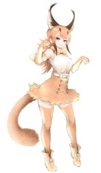Rule 34 | 10s, 1girl, animal ear fluff, animal ears, ankle boots, bare shoulders, belt, black hair, boots, bow, bowtie, breasts, caracal (kemono friends), closed mouth, elbow gloves, eyebrows, eyelashes, facing away, full body, gloves, gradient hair, grey eyes, hair between eyes, high-waist skirt, ise (0425), kemono friends, large breasts, long hair, looking away, miniskirt, multicolored clothes, multicolored footwear, multicolored gloves, multicolored hair, orange bow, orange bowtie, orange footwear, orange gloves, orange hair, orange skirt, orange thighhighs, platform boots, platform footwear, shirt, sidelocks, simple background, skirt, sleeveless, sleeveless shirt, smile, solo, standing, tail, thighhighs, tiptoes, traditional bowtie, white background, white belt, white footwear, white gloves, white hair, white shirt