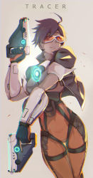 Rule 34 | 1girl, bad id, bad pixiv id, black hair, bodysuit, brown hair, character name, cowboy shot, dual wielding, glasses, goggles, grey background, gun, highres, holding, jacket, looking at viewer, open clothes, open jacket, overwatch, overwatch 1, reroi, revision, short hair, smile, solo, sunglasses, tracer (overwatch), weapon