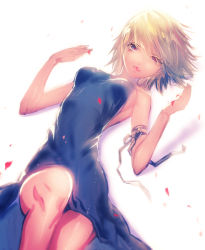 Rule 34 | 1girl, arm ribbon, bare shoulders, blonde hair, blue dress, blue ribbon, breasts, dress, fang, fang out, fuji minako, lying, medium breasts, on back, original, parted lips, red lips, ribbon, shadow, short hair, sideboob, solo, strapless, strapless dress, swept bangs, vampire, white background