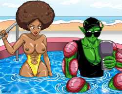 Rule 34 | 1boy, 1girl, afro, beach, breasts, brown hair, chiomomo1981, cup, dark-skinned female, dark skin, dragon ball, dragon ball super, hat, highleg, highleg one-piece swimsuit, janet (dragon ball), lipstick, makeup, one-piece swimsuit, partially submerged, piccolo, pool, swimsuit, water, wide hips, yellow one-piece swimsuit