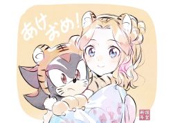 Rule 34 | 1boy, 1girl, animal costume, animal ears, animal hands, animal nose, animal print, blonde hair, blue eyes, chinese zodiac, closed mouth, facial mark, furry, furry male, highres, japanese clothes, kimono, kohane01, maria robotnik, red eyes, shadow the hedgehog, smile, sonic (series), tiger costume, tiger ears, tiger paws, tiger print, translation request, whisker markings, year of the tiger, yukata