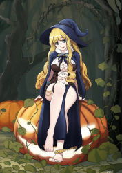 Rule 34 | 1girl, anklet, aqua eyes, barefoot, blonde hair, blue cape, blue hat, breasts, btraphen, cape, cleavage, feet, forest, green eyes, halloween, hat, highres, jack-o&#039;-lantern, jewelry, legs, legs together, long hair, looking at viewer, nature, navel, open mouth, original, outdoors, plant, pumpkin, signature, sitting, smile, solo, source request, toes, tree, very long hair, witch, witch hat