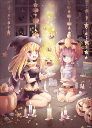 Rule 34 | 2girls, :d, bad id, bad pixiv id, bandaid, bandaid on arm, bandaid on knee, bandaid on leg, blonde hair, blue eyes, boots, candle, candy, food, hair bobbles, hair ornament, halloween, happy halloween, hat, highres, jack-o&#039;-lantern, kneeling, long hair, moon, multiple girls, navel, one eye covered, open mouth, original, pink hair, pumpkin, pumpkin hat, red eyes, sitting, skirt, smile, star (symbol), stitches, wariza, window, witch hat, zenyu