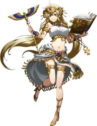 Rule 34 | 1girl, armlet, blonde hair, breasts, brown eyes, closed mouth, egyptian, floating hair, full body, hair between eyes, hair ornament, hair tubes, high heels, highres, holding, holding staff, langrisser, langrisser ii, large breasts, long hair, looking at viewer, midriff, miniskirt, navel, official art, riana (langrisser), shiny skin, skirt, smile, solo, sparkle, staff, standing, standing on one leg, stomach, tattoo, thighlet, transparent background, twintails, very long hair, white skirt
