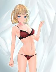 Rule 34 | 1girl, bare shoulders, blonde hair, blue eyes, bra, breasts, collarbone, commentary, cowboy shot, earrings, english commentary, hair ornament, hand up, highres, hololive, hololive english, jewelry, kiaoekakishitai, looking at viewer, medium breasts, medium hair, nail polish, navel, panties, red bra, red panties, solo, standing, stomach, underwear, underwear only, virtual youtuber, watson amelia, x hair ornament, yellow nails