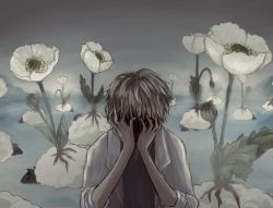 Rule 34 | 1boy, brown hair, commentary request, covering face, dead animal, facing viewer, flower, grey sky, halnaga oyogu, hands on own face, highres, horror (theme), lab coat, original, plant, sheep, sky, solo, upper body, water