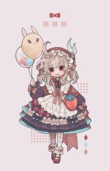 Rule 34 | !, 1girl, ahoge, alternate costume, animal-shaped eyes, apron, argyle, argyle clothes, argyle legwear, bag, balloon, black dress, bow, cabbie hat, character balloon, child, commentary, diamond (shape), dodoco (genshin impact), dress, frilled apron, frilled dress, frilled headwear, frills, full body, genshin impact, hat, hat bow, hat feather, highres, holding, holding balloon, klee (genshin impact), layered dress, light brown hair, lolita fashion, looking at viewer, mary janes, open mouth, pandadada 0311, pantyhose, pointy ears, polka dot, polka dot background, red background, red bow, red eyes, red footwear, red hat, shoes, short twintails, simple background, smile, solo, strawberry bag, twintails, white apron, white pantyhose