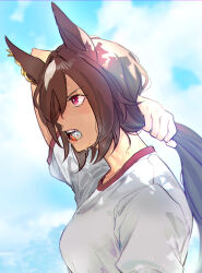 Rule 34 | 1girl, animal ears, arm up, blurry, blurry background, breasts, brown hair, cloud, day, fangs, gym uniform, hair between eyes, highres, holding, holding hands, holding own hair, horse ears, ice, ice cube, ice cube in mouth, long hair, looking afar, medium breasts, multicolored hair, noi (hawawanwan), open mouth, outdoors, red eyes, shirt, short sleeves, sirius symboli (umamusume), solo, streaked hair, sweat, tracen training uniform, twitter username, umamusume, upper body, v-shaped eyebrows, watermark, white shirt