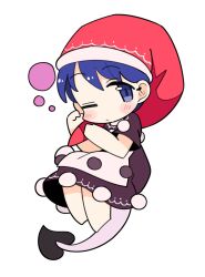 Rule 34 | 1girl, black capelet, blue eyes, blue hair, blush, capelet, closed mouth, doremy sweet, dress, full body, hat, highres, ini (inunabe00), looking at viewer, multicolored clothes, multicolored dress, nightcap, one eye closed, pom pom (clothes), red hat, short hair, simple background, solo, squeans, tail, tapir tail, touhou, white background