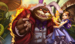 Rule 34 | 1girl, alice in wonderland, alternate costume, animal ears, annie (league of legends), annie in wonderland, apron, backpack, bag, blazer, blonde hair, blue eyes, bow, bowtie, breasts, buttons, chain, claws, clothes lift, dress, dress lift, fire, flipped hair, frilled apron, frills, fur, glowing, glowing eyes, hairband, holding, jacket, league of legends, looking at viewer, mushroom, official art, outdoors, oversized object, pantyhose, parody, parted bangs, parted lips, petticoat, plant, pocket watch, rabbit ears, red eyes, sharp teeth, short hair with long locks, sidelocks, size difference, small breasts, standing, stitches, stuffed animal, stuffed toy, swept bangs, teddy bear, teeth, tibbers, vines, watch, white apron, white pantyhose, zipper