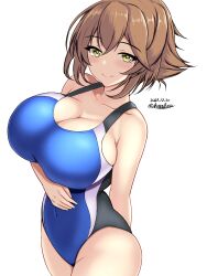 Rule 34 | 1girl, blush, breasts, brown hair, competition swimsuit, cowboy shot, green eyes, headgear, highres, kantai collection, large breasts, looking at viewer, montemasa, mutsu (kancolle), one-piece swimsuit, short hair, smile, solo, swimsuit