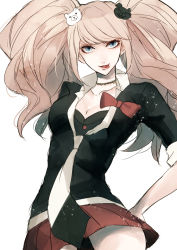 Rule 34 | 1girl, bear hair ornament, black shirt, blonde hair, blue eyes, bow, breasts, choker, cleavage, collarbone, commentary request, danganronpa: trigger happy havoc, danganronpa (series), enoshima junko, hair ornament, hand on own hip, large breasts, long hair, looking at viewer, miniskirt, necktie, pink hair, red bow, red skirt, sakuyu, shirt, simple background, skirt, solo, spoilers, tongue, tongue out, twintails, two-tone necktie, two-tone neckwear, white background