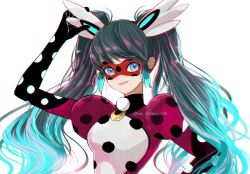 Rule 34 | 1girl, blue hair, bodysuit, earrings, head wings, highres, jewelry, long hair, marinette dupain-cheng, mask, miraculous ladybug, pennybug (character), pink bodysuit, polka dot, red mask, seio (nao miragggcc45), smile, solo, superhero costume, twintails, upper body, very long hair, white background, wings