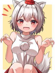 Rule 34 | 1girl, animal ears, bare shoulders, border, breasts, fang, grey hair, grey tail, hair between eyes, happy, hat, highres, inubashiri momiji, kiui (dagk8254), knees up, looking at viewer, medium breasts, medium hair, open mouth, red eyes, red hat, red skirt, shirt, simple background, skirt, sleeveless, sleeveless shirt, solo, tail, tokin hat, touhou, white border, white shirt, wolf ears, wolf tail, yellow background