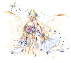 Rule 34 | 1girl, aircraft request, alternate costume, azur lane, blonde hair, blue eyes, blue flower, blue rose, blush, bouquet, breasts, cleavage, commentary request, dress, flower, highres, holding, holding bouquet, laurel crown, long hair, open mouth, raranokusu, rose, simple background, supermarine seafire, supermarine spitfire, thighhighs, victorious (azur lane), wedding dress, white background, white thighhighs