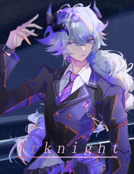 Rule 34 | 1boy, absurdres, arknights, belt pouch, black horns, black jacket, blue background, bracelet, buttons, collared shirt, copyright name, double-breasted, dragon horns, gugu (guming304), highres, horns, jacket, jewelry, long hair, long sleeves, looking at viewer, male focus, necktie, parted lips, pouch, purple eyes, purple necktie, puzzle (arknights), shirt, simple background, solo, upper body, white hair, white shirt