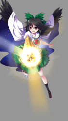 Rule 34 | 1girl, absurdres, arm cannon, asymmetrical footwear, bird wings, black hair, black wings, bow, cape, female focus, hair bow, highres, huangquan dong (sinchi), long hair, mismatched footwear, open mouth, puffy sleeves, reiuji utsuho, short sleeves, simple background, solo, third eye, touhou, weapon, wings