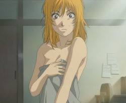 Rule 34 | anime screencap, bare shoulders, bed sheet, covering privates, moyashimon, naked sheet, nervous, nude, nude cover, oikawa hazuki, screencap, solo, stitched, sweat, third-party edit