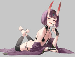 Rule 34 | 1girl, bare shoulders, barefoot sandals (jewelry), black legwear, blush, bob cut, breasts, bridal gauntlets, collarbone, eyeliner, fangs, fate/grand order, fate (series), feet, feet up, fingernails, grey background, headpiece, highres, horns, japanese clothes, kimono, legs, long sleeves, looking at viewer, lying, makeup, mx2j, off shoulder, on stomach, oni, open clothes, open kimono, purple eyes, purple hair, purple kimono, revealing clothes, sharp fingernails, short hair, shuten douji (fate), simple background, skin-covered horns, small breasts, smile, soles, solo, wide sleeves