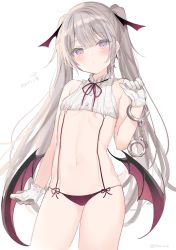 Rule 34 | 1girl, bare shoulders, blush, borrowed character, breasts, brown panties, closed mouth, commentary request, crop top, cuffs, earrings, eve-chan, gloves, grey hair, handcuffs, highres, holding, jewelry, long hair, looking at viewer, low wings, mafuyu (chibi21), navel, original, panties, purple eyes, red wings, shirt, simple background, sleeveless, sleeveless shirt, small breasts, solo, stud earrings, translation request, twintails, twitter username, underwear, very long hair, white background, white gloves, white shirt, wings