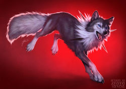 Rule 34 | artist name, blue eyes, claws, creatures (company), full body, game freak, gen 7 pokemon, lhuin, lycanroc, lycanroc (midday), nintendo, no humans, pokemon, pokemon (creature), pokemon sm, realistic, red background, signature, solo, wolf