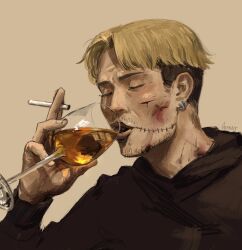 Rule 34 | 1boy, artist name, black hoodie, blonde hair, blood, blood on face, brown background, chainsaw man, cigarette, closed eyes, cup, derivative work, drinking glass, ear piercing, facial hair, gem1ny, highres, holding, holding cigarette, hood, hoodie, injury, kishibe (chainsaw man), mads mikkelsen, photo-referenced, piercing, short hair, simple background, solo, stitched face, stitched mouth, stitches, stubble, wine glass