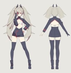 Rule 34 | 1girl, ankle boots, black footwear, boots, breasts, djmax, fail (djmax), grey hair, hair ornament, hand on own hip, highres, long hair, long sleeves, mamo c, non-web source, skirt, small breasts, smile, standing, thighhighs, twintails, zettai ryouiki