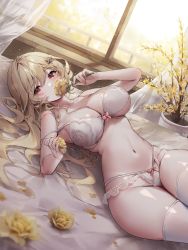 Rule 34 | 1girl, absurdres, bare arms, bare shoulders, blonde hair, bow, bow bra, bow panties, bra, breasts, cleavage, collarbone, commission, cream (cream), crown hair ornament, flower, flower over mouth, front-tie top, hair ornament, highres, holding, holding flower, lace, lace-trimmed bra, lace-trimmed panties, lace trim, large breasts, lingerie, long hair, looking at viewer, lying, mole, mole under eye, multi-strapped panties, navel, on back, original, panties, plant, potted plant, red eyes, second-party source, shiro albino, solo, stomach, strap slip, string bra, string panties, thighhighs, thighs, underwear, underwear only, white bra, white panties, white thighhighs, yellow flower