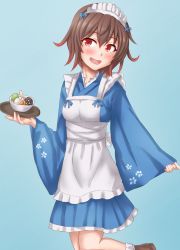 Rule 34 | 1girl, alternate costume, anti (untea9), apron, blue background, blue kimono, blush, bowl, breasts, brown hair, enmaided, floral print, food, gradient background, hair between eyes, highres, holding, holding tray, japanese clothes, kantai collection, kimono, long sleeves, maid, mutsuki (kancolle), open mouth, plate, red eyes, short hair, small breasts, smile, solo, sweets, tray, wa maid, white apron, wide sleeves