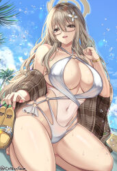 Rule 34 | 1girl, akane (blue archive), bare shoulders, beach, blue archive, blush, breasts, brown hair, cenangam, cleavage, cleavage cutout, clothing cutout, collarbone, covered navel, from below, glasses, hair ornament, halo, highres, holding, holding clothes, holding footwear, kneeling, large breasts, long hair, looking at viewer, looking down, o-ring, o-ring swimsuit, ocean, one-piece swimsuit, outdoors, parted lips, sideboob, smile, swimsuit, thighs, twitter username, water, white one-piece swimsuit