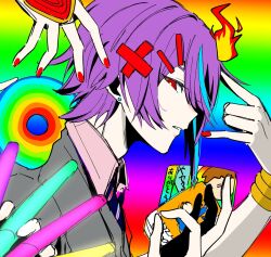 Rule 34 | 1boy, blue hair, blue necktie, bracelet, bright pupils, cardigan, cd, collared shirt, commentary, extra arms, fire, gradient background, grey cardigan, hair ornament, holding cd, holding glowstick, jewelry, kamishiro rui, looking at viewer, multicolored hair, nail polish, necktie, parted lips, profile, project sekai, purple hair, rainbow gradient, red eyes, red nails, ringed eyes, shirt, solo, streaked hair, taro14 tea, upper body, white pupils, white shirt, x hair ornament