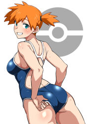 1girl adjusting_clothes adjusting_swimsuit aqua_eyes ass asymmetrical_hair back bare_arms bare_shoulders blue_eyes blue_one-piece_swimsuit blush breasts competition_swimsuit creatures_(company) female_focus from_behind game_freak grin gym_leader highres huge_ass large_breasts looking_at_viewer looking_back mantan medium_breasts misty_(pokemon) nintendo one-piece_swimsuit orange_hair pokemon pokemon_rgby ponytail shiny_skin short_hair side_ponytail sideboob smile solo standing sweat swimsuit teeth thick_thighs thighs