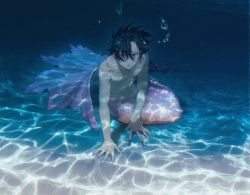 Rule 34 | 1boy, air bubble, black hair, blue background, bubble, caustics, commentary, fingernails, fins, full body, highres, looking at viewer, male focus, merman, monster boy, monsterification, nude, ohsoukamo, original, parted lips, purple eyes, purple scales, scales, sharp fingernails, short hair, sitting, solo, symbol-only commentary, underwater