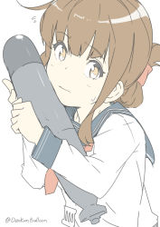 Rule 34 | 1girl, blue sailor collar, brown eyes, brown hair, closed mouth, flying sweatdrops, folded ponytail, holding, holding torpedo, inazuma (kancolle), kantai collection, long sleeves, ninimo nimo, one-hour drawing challenge, ponytail, red neckwear, sailor collar, school uniform, serafuku, simple background, solo, sweat, torpedo, twitter username, upper body, white background