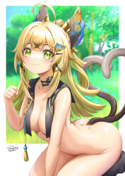 Rule 34 | 1girl, :3, ahoge, animal ears, ass, bent over, black choker, blonde hair, blue sky, blush, breasts, cat ears, cat tail, choker, commentary request, day, genshin impact, grass, green eyes, hair ornament, hairclip, hand up, heart, heart tail, highres, kirara (genshin impact), long hair, looking at viewer, medium breasts, multiple tails, nude, outdoors, royboy, sitting, sky, smile, solo, tail, thighs, two tails, very long hair