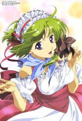 Rule 34 | 00s, 1girl, :d, absurdres, ahoge, bare shoulders, blue eyes, bow, breasts, clenched hands, dress, frills, green hair, hair bow, hair ribbon, highres, hirayama eiji, large breasts, lipstick, looking at viewer, looking back, magazine scan, maid headdress, makeup, megami magazine, non-web source, off shoulder, official art, open mouth, plaid, plaid scarf, puffy sleeves, ribbon, sash, scan, scarf, shigure asa, shirt, short hair, shuffle!, shuffle! memories, sidelocks, smile, solo, taut clothes, taut shirt, tress ribbon, upper body, waitress