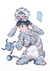 Rule 34 | 1boy, animal ears, animal nose, blue fur, blue horns, blue nails, blue sclera, chinese commentary, claws, colored eyelashes, colored sclera, fangs, full body, fur-tipped tail, furry, furry male, grey fur, grey hair, headdress, highres, horns, juanmao, looking at object, male focus, multicolored hair, nail polish, open mouth, original, personification, pink eyes, polka dot, polka dot background, short hair, short sleeves, shrug (clothing), simple background, single horn, skin tight, solo, standing, streaked hair, tail, taur, thick eyebrows, two-tone hair, white background, white fur, white hair